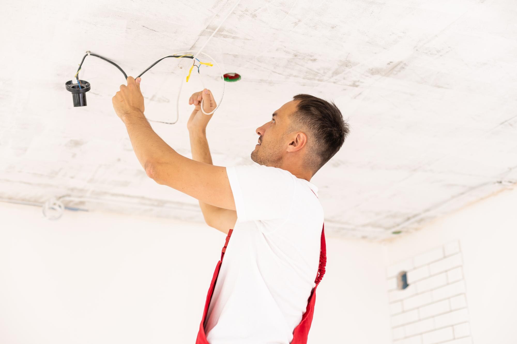 repair renovation electricity people concept close up builder electrician running wires indoors 4933